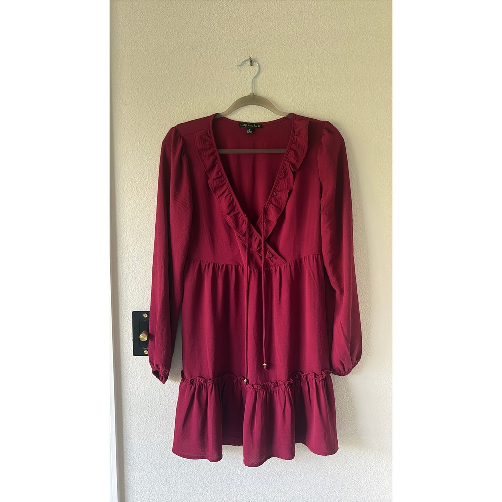 City Triangles Burgundy Ruffle V-Neck Babydoll Dress Long Sleeve Wine Small